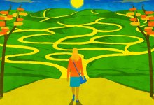 Illustration of woman choosing paths