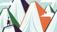 Illustration of a female teacher surveying a mountain range of books