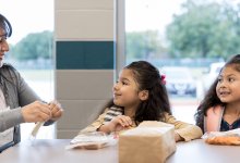 Elementary teacher has lunch with two students