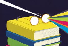 Illustration of prism reflecting off eye glasses on a stack of books