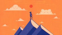 Illustration of student at the top of a book mountain looking towards the horizon