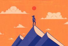 Illustration of student at the top of a book mountain looking towards the horizon