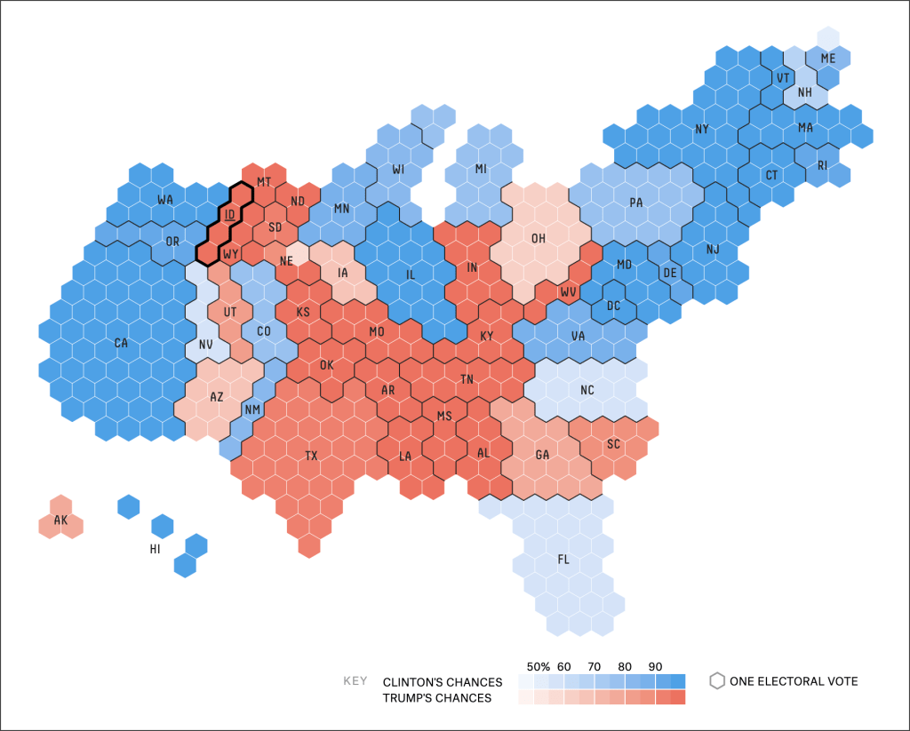 Cartogram showing 2016 electoral college votes