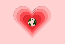 Illustration of Earth in the center of layered hearts