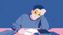 Animated illustration of a boy student sleeping at his desk with sticky notes over his eyes