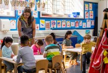 Kindergarten teacher walking among students working at their tables