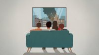 Illustration of family sitting on a couch watching the news on tv