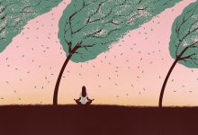 Illustration of woman meditating on windy day