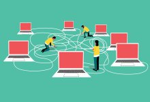 Illustration of a group of laptops connected by a jumble of wires being sorted out by people