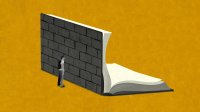 Illustration of person standing in front of a wall made out of a book