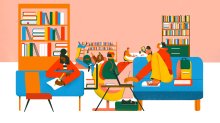 Illustration of students doing different activities together and separate in a school library