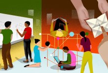 Illustration concept of students collaborating and learning in a playful way in the classroom