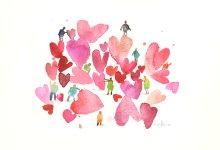 Watercolor illustration of small people surrounded by hearts