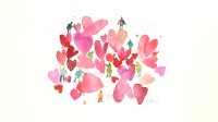 Watercolor illustration of small people surrounded by hearts
