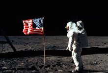 Photo of Buzz Aldrin and the U.S. flag on the moon. Apollo 11 Moon Landing.