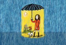 Illustration of woman walking dog in rain with umbrella