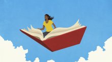 Illustration of curious woman flying in sky on open book