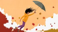 Illustration of woman holding umbrella and being blown along with fall leaves