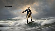 AI-generated image of George Washington surfing