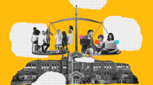 Illustration/collage of students sitting on a balanced scale above a school