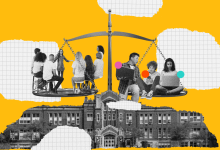 Illustration/collage of students sitting on a balanced scale above a school