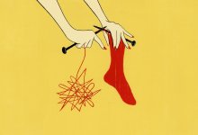 Illustration of hands knitting red sock