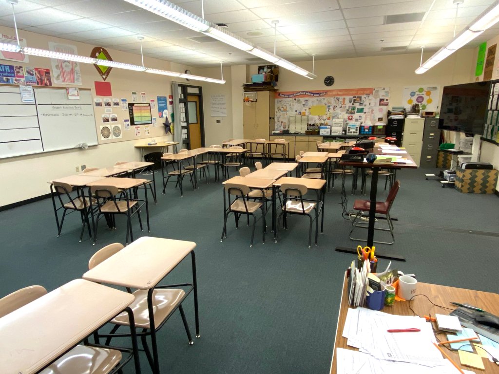 Photo of desk arrangement in classroom