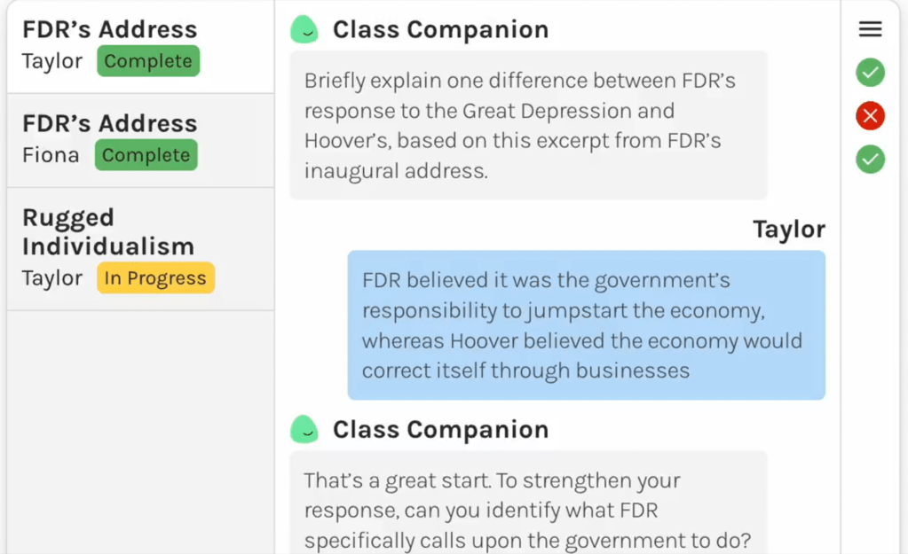 Class Companion offers brief, immediate feedback on both short answers and essays, often with suggestions on how learners can improve their responses.