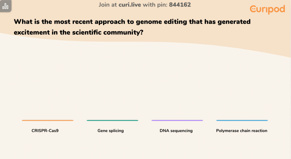A formative assessment poll question created by Curipod as part of a slideshow presentation. (The correct response is CRISPR-Cas9.)