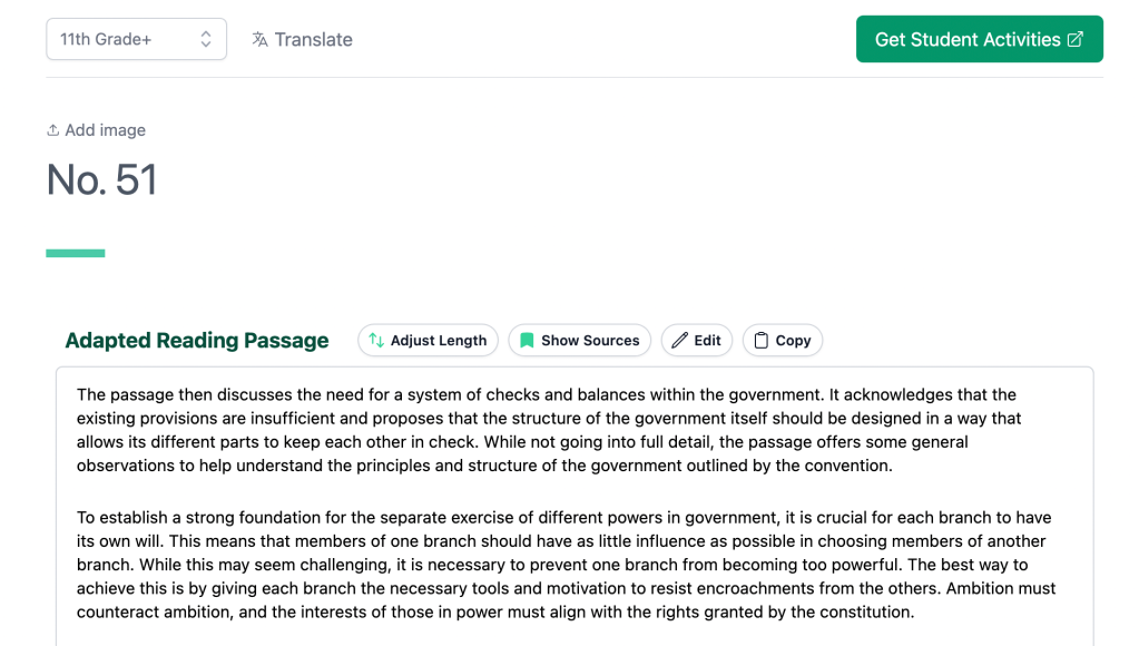 A leveled reading summary of Federalist Paper No. 51 for 11th grade created using Diffit.