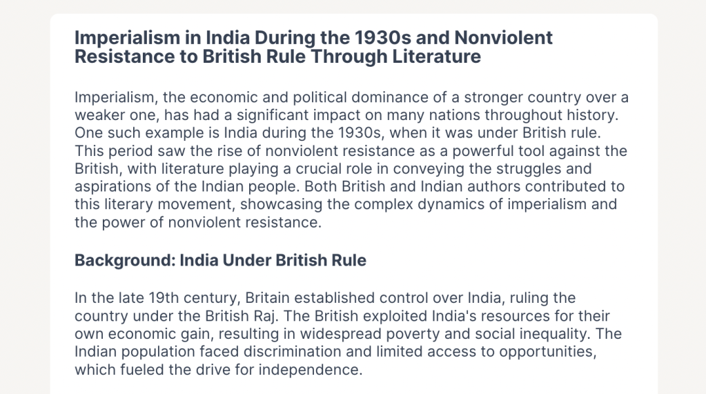 Part of an 11th-grade AI-generated summary on imperialism in India during the 1930s.