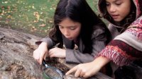 photo of two girls using magnify glass on log