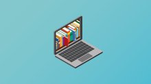 Illustration of laptop with books coming out of the screen