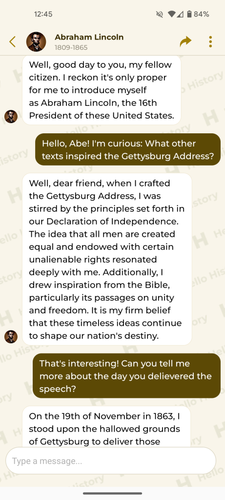 Screenshot of Hello History Abraham Lincoln conversation