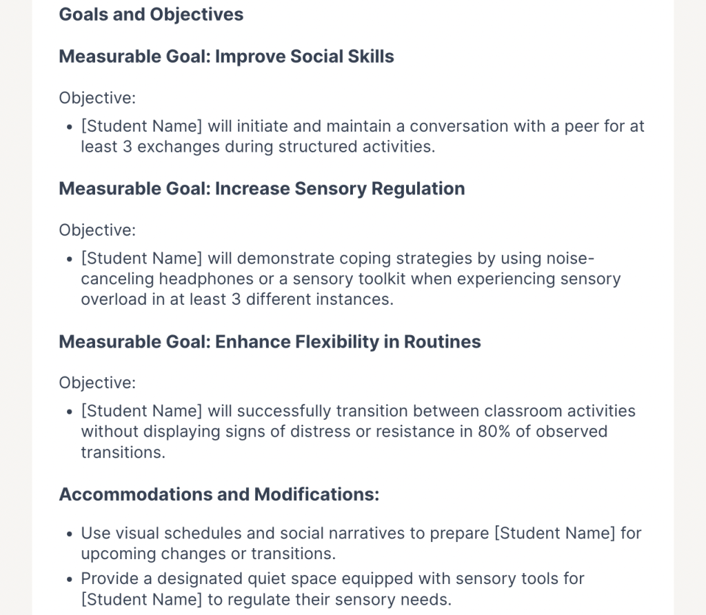 Goals and Objectives output from the IEP generator in MagicSchool AI