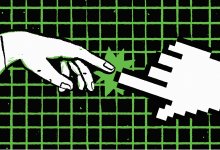 Illustration of human hand and AI hand
