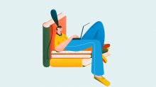 Illustration of person sitting on a chair of books and working on laptop