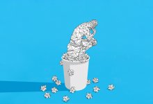 Illustration of the Thinker made of paper trash