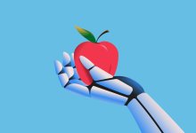 Illustration of a robot hand holding apple