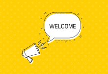 Illustration of a megaphone with the word welcome in a speech bubble