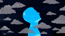 Illustration of a child with eyes closed among clouds