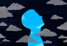 Illustration of a child with eyes closed among clouds