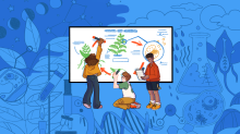 Illustration of three students collaborating on a hand-drawn poster of a fern's lifecycle.