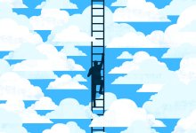 Illustration of a person climbing a ladder among clouds