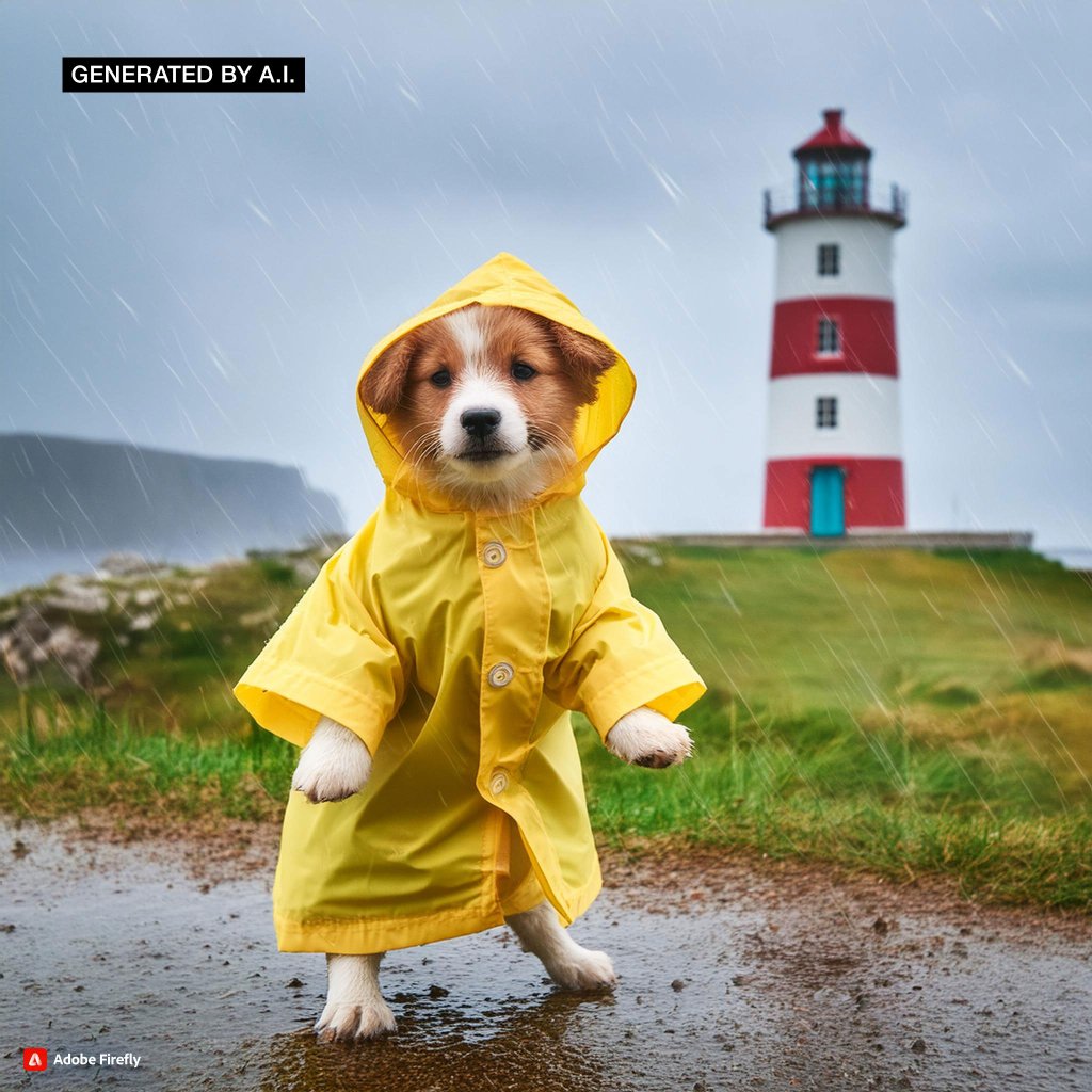 Imagen de un perro con un impermeable generada por IA