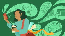 Young teacher on green background holding coffee and bag of decorations for the classroom reads studies on her phone