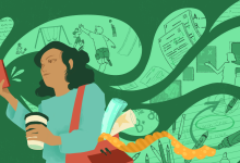 Young teacher on green background holding coffee and bag of decorations for the classroom reads studies on her phone