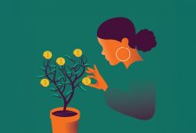 Illustration of woman picking coins off of plant