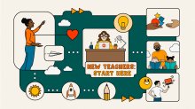 Illustration with various teachers and text that says "New Teachers: Start Here"