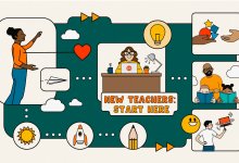 Illustration with various teachers and text that says "New Teachers: Start Here"